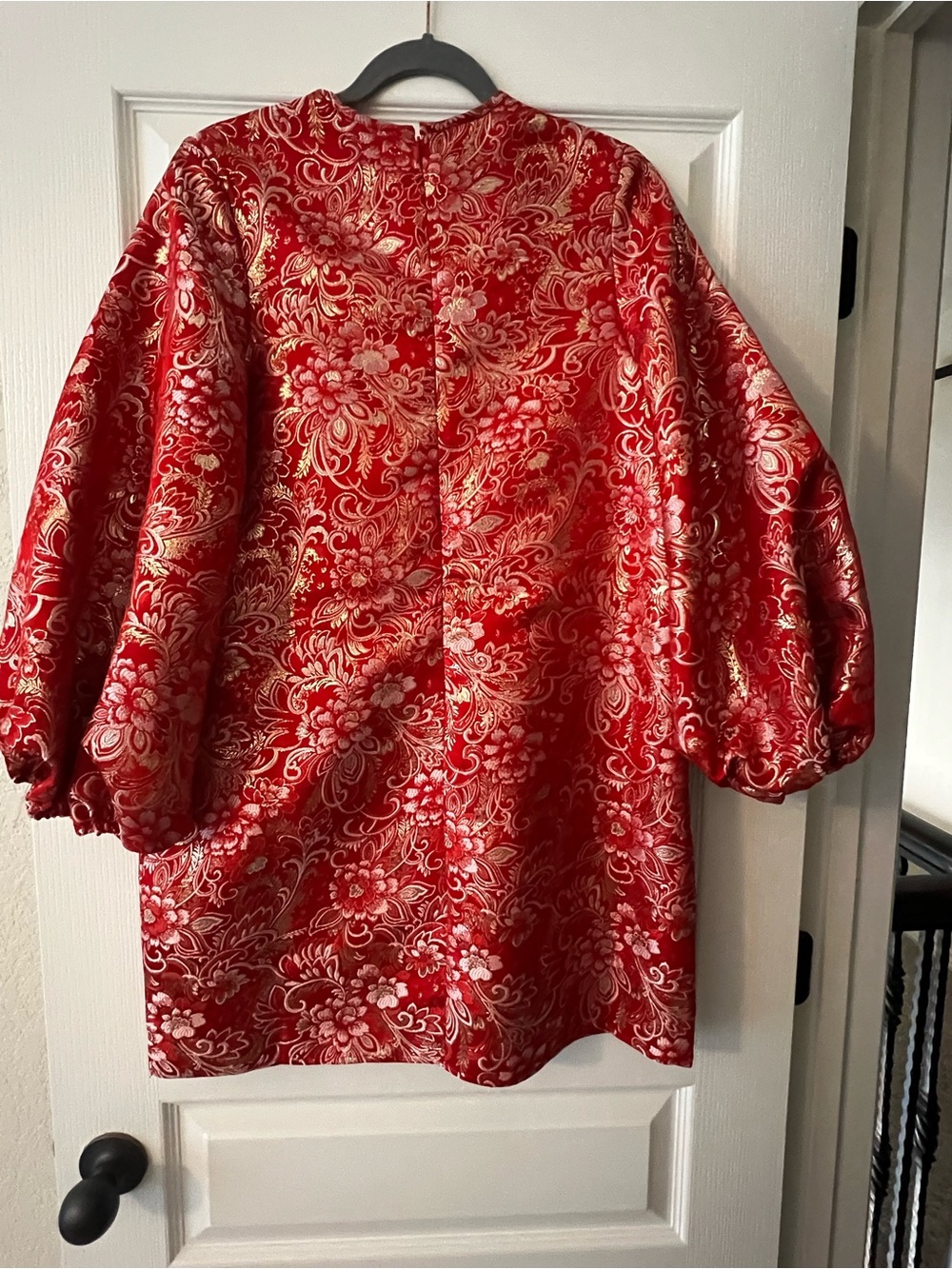 Red Brocade Mini Dress with Gold Floral Jacquard - Picture 2 of 2